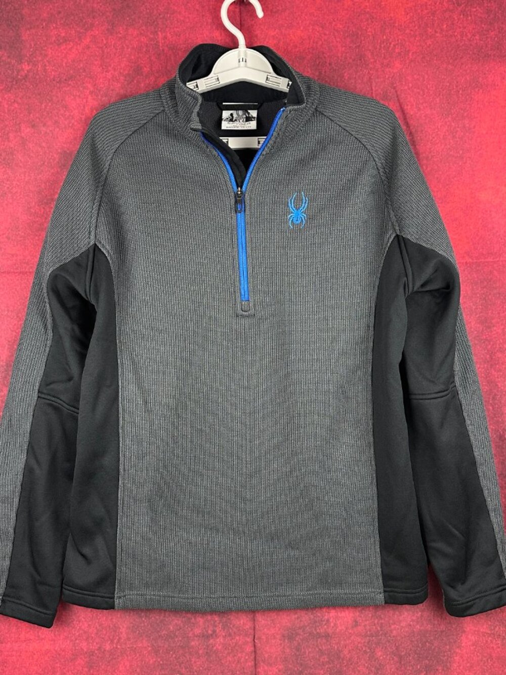 SPYDER MEN'S OUTBOUND 1/4 ZIP PULLOVER, GRAY, BLACK, BLUE ZIPPER, LOGO, SIZE L